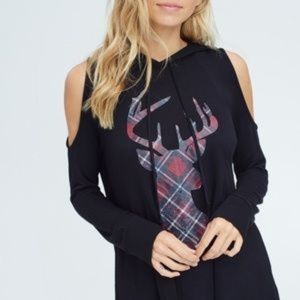 Plaid Reindeer Cold Shoulder Pull Up NWT